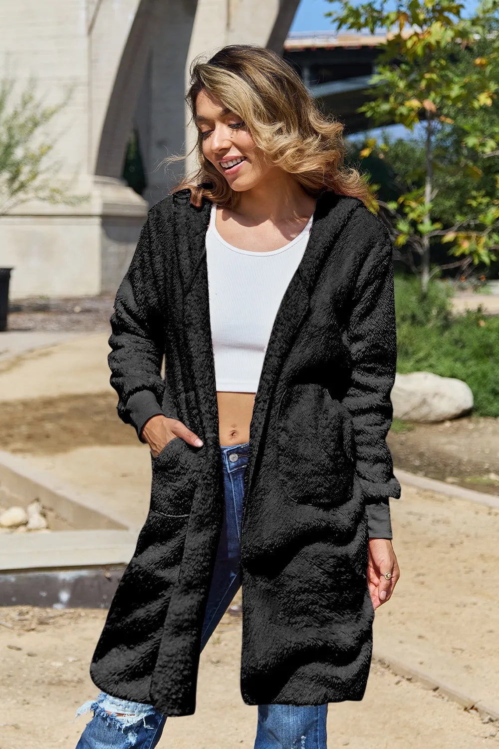 Double Take (Oh) Black / S Double Take Full Size Hooded Teddy Bear Jacket with Thumbholes