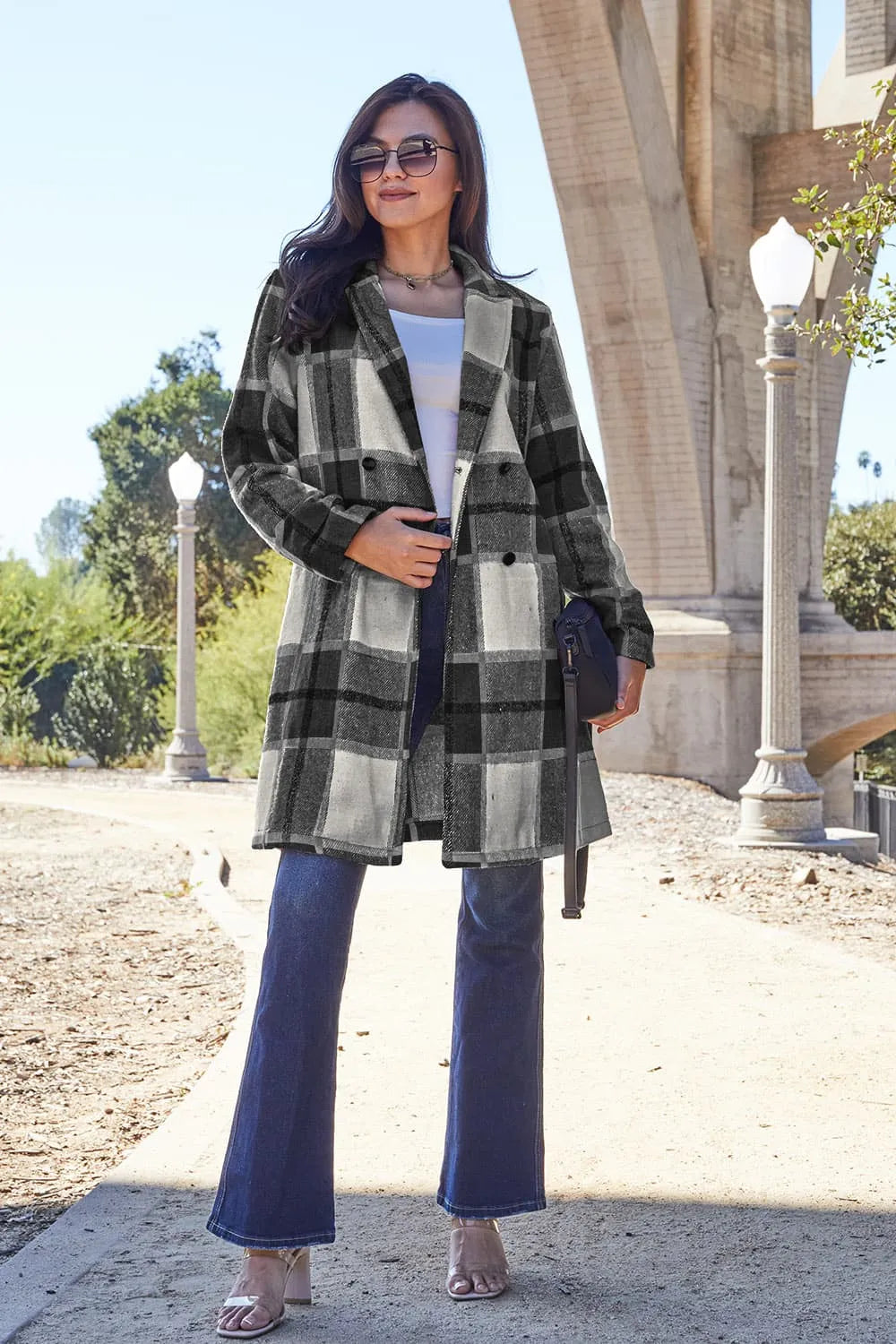 Double Take (Oh) Black / S Double Take Full Size Plaid Button Up Lapel Collar Coat
