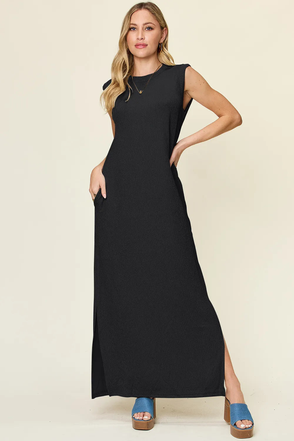 Double Take (Oh) Black / S Double Take Full Size Texture Mock Neck Sleeveless Maxi Dress