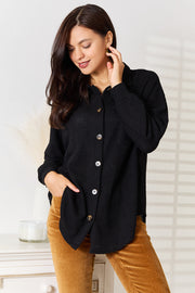 Double Take (Oh) Black / S Double Take Waffle-Knit Collared Neck Dropped Shoulder Shirt