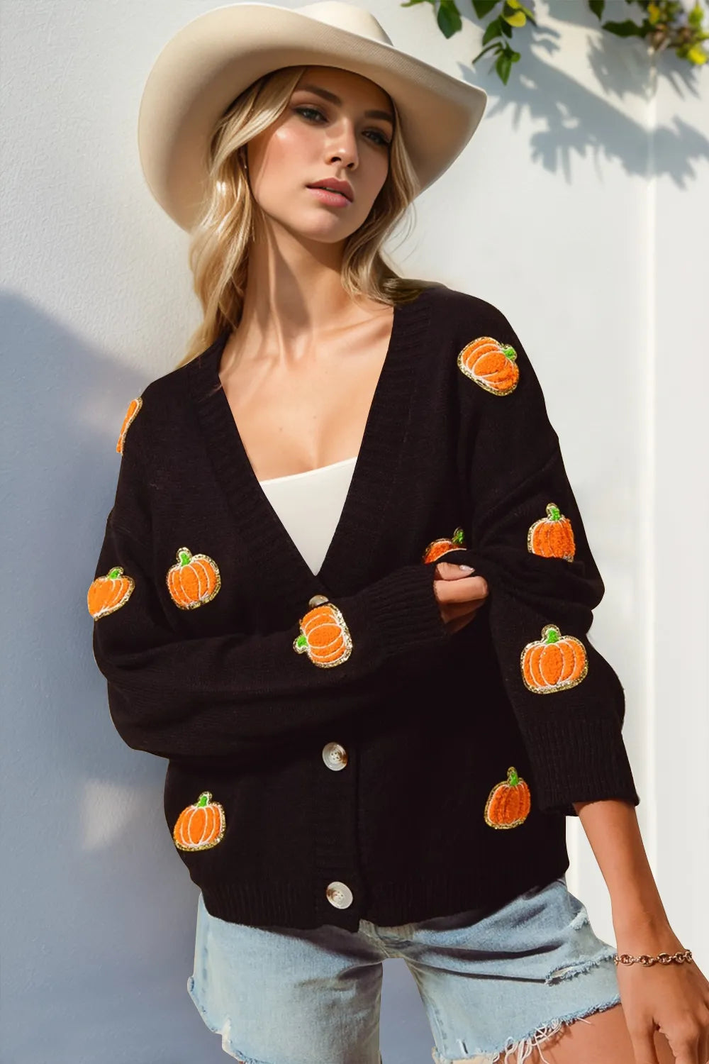 Double Take (Oh) Black / S/M Double Take Full Size Pumpkin Button Up Long Sleeve Cardigan