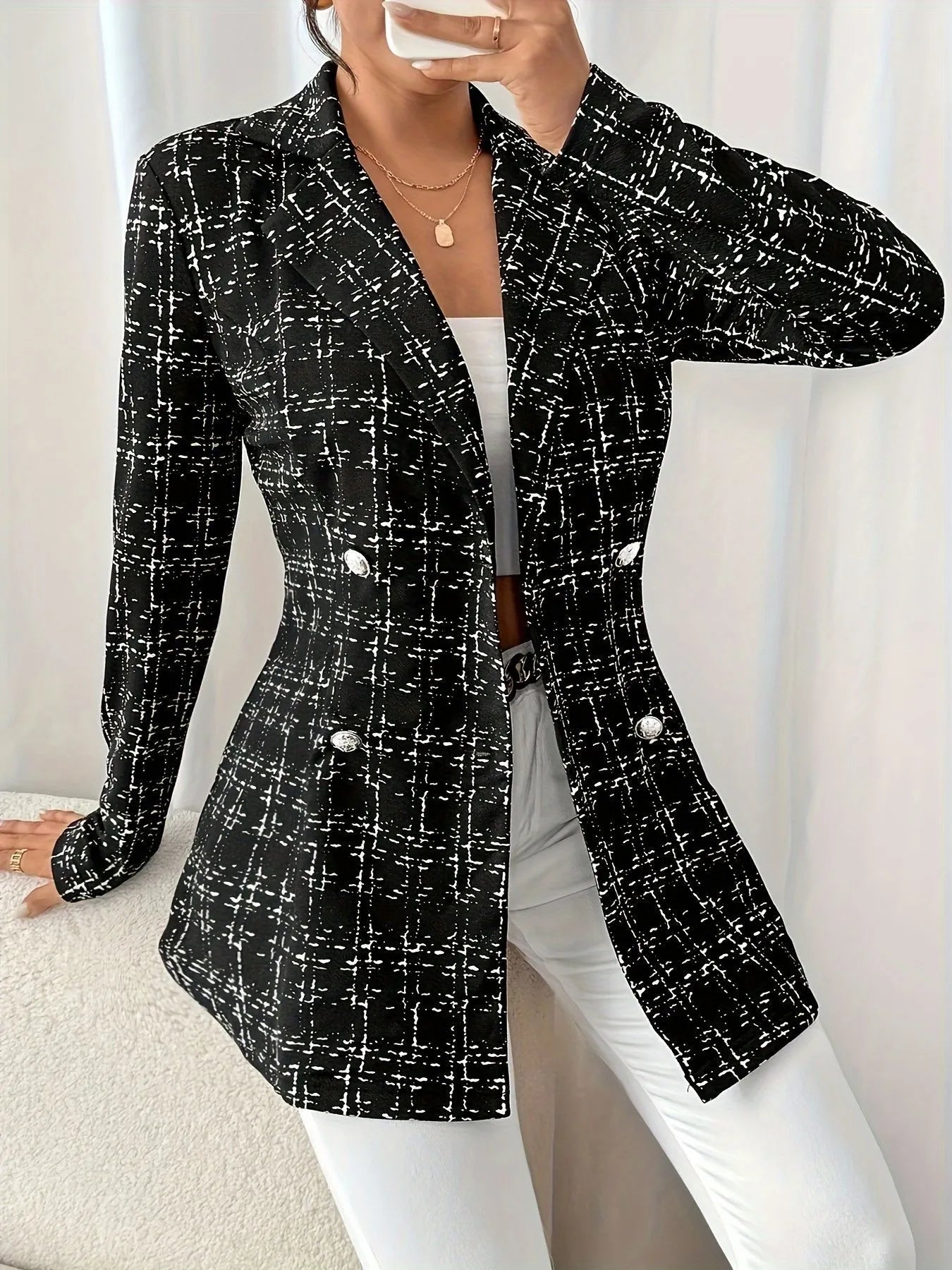 Double Take (Oh) Blazers Black / S Tweed Double-Breasted Blazer