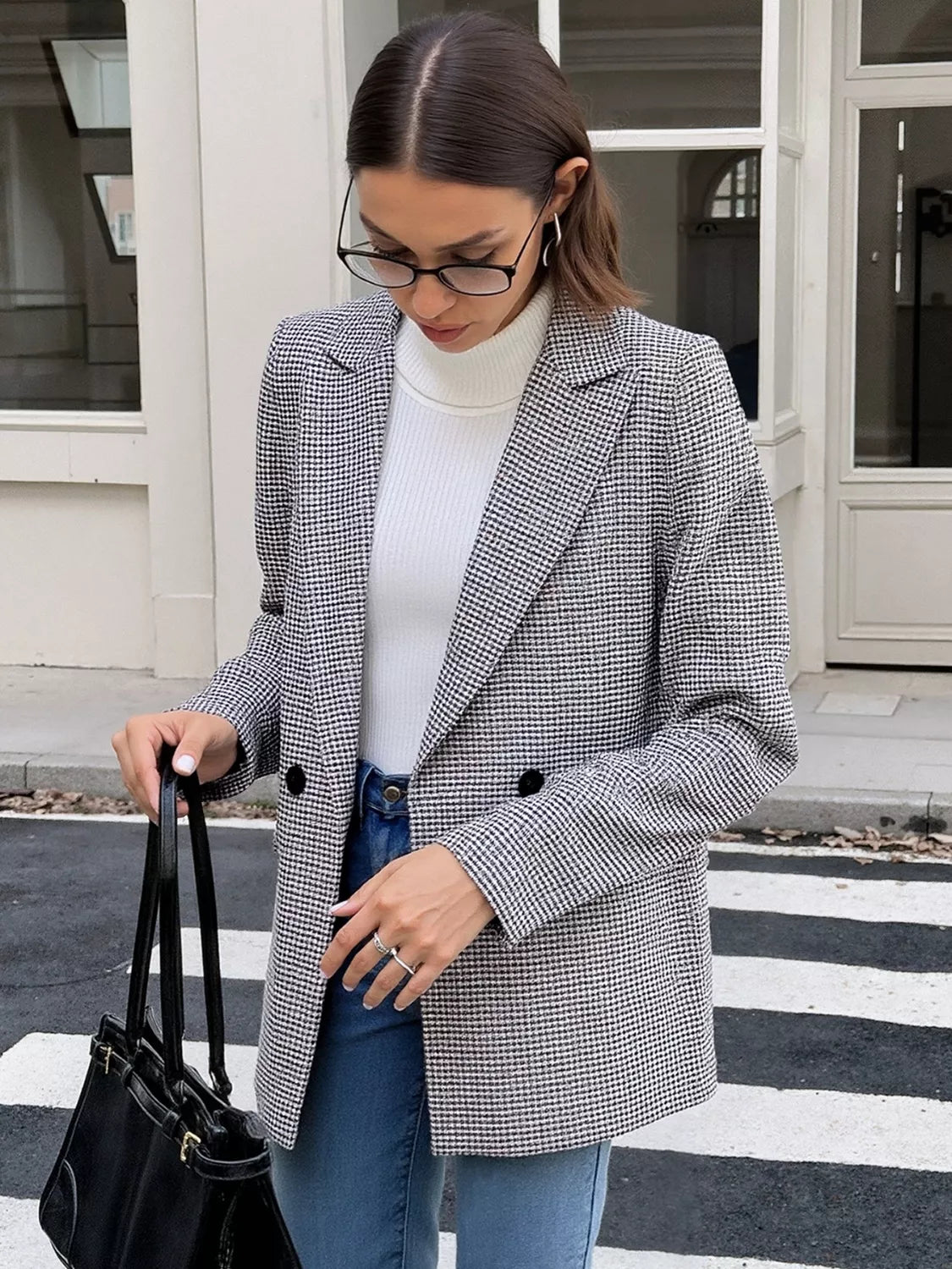 Double Take (Oh) Blazers Houndstooth Patterned Double-Breasted Blazer