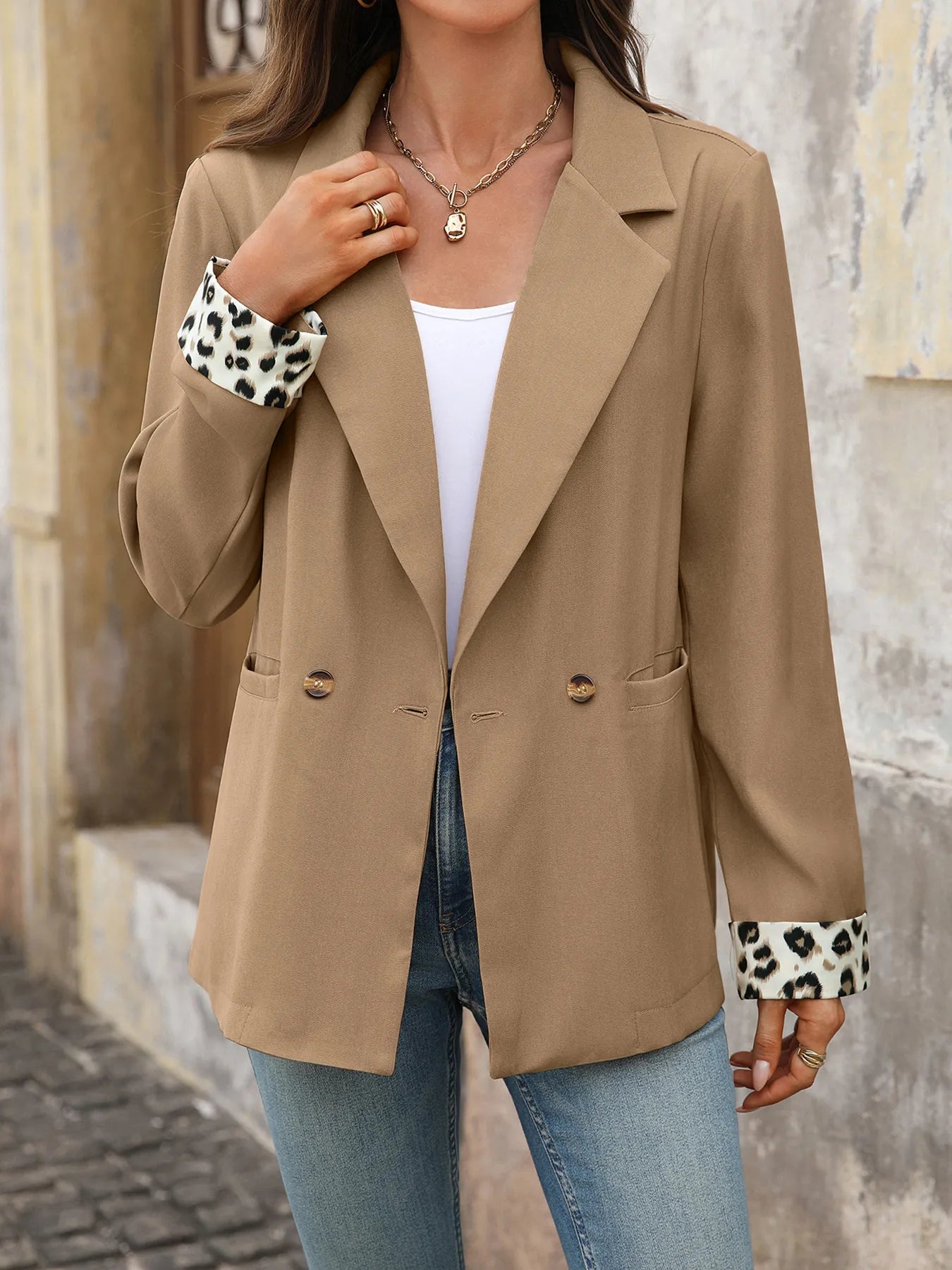 Double Take (Oh) Blazers Khaki / S Lapel Collar Leopard Cuff Long Sleeve Blazer