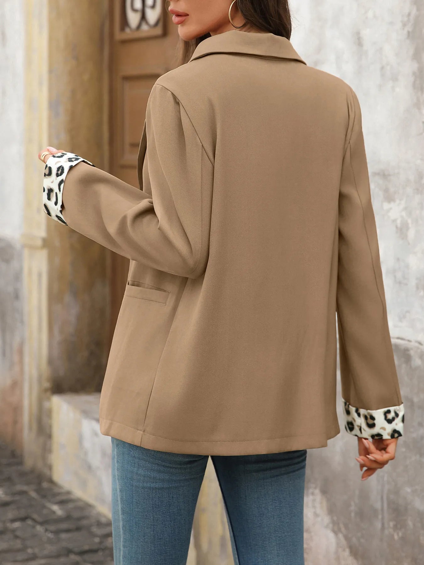 Double Take (Oh) Blazers Lapel Collar Leopard Cuff Long Sleeve Blazer