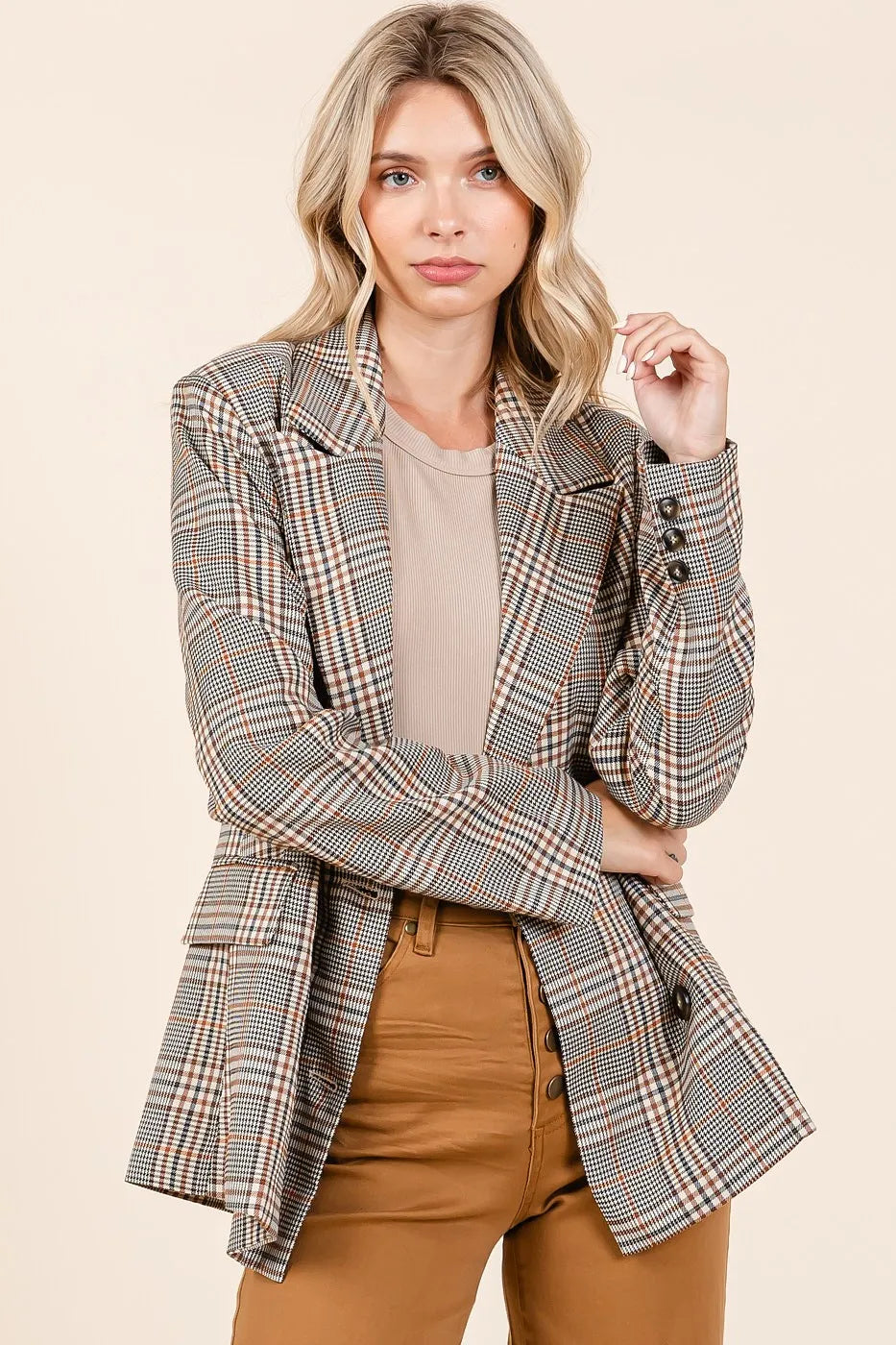 Double Take (Oh) Blazers Mittoshop Plaid Double Breasted Relaxed Fit Blazer
