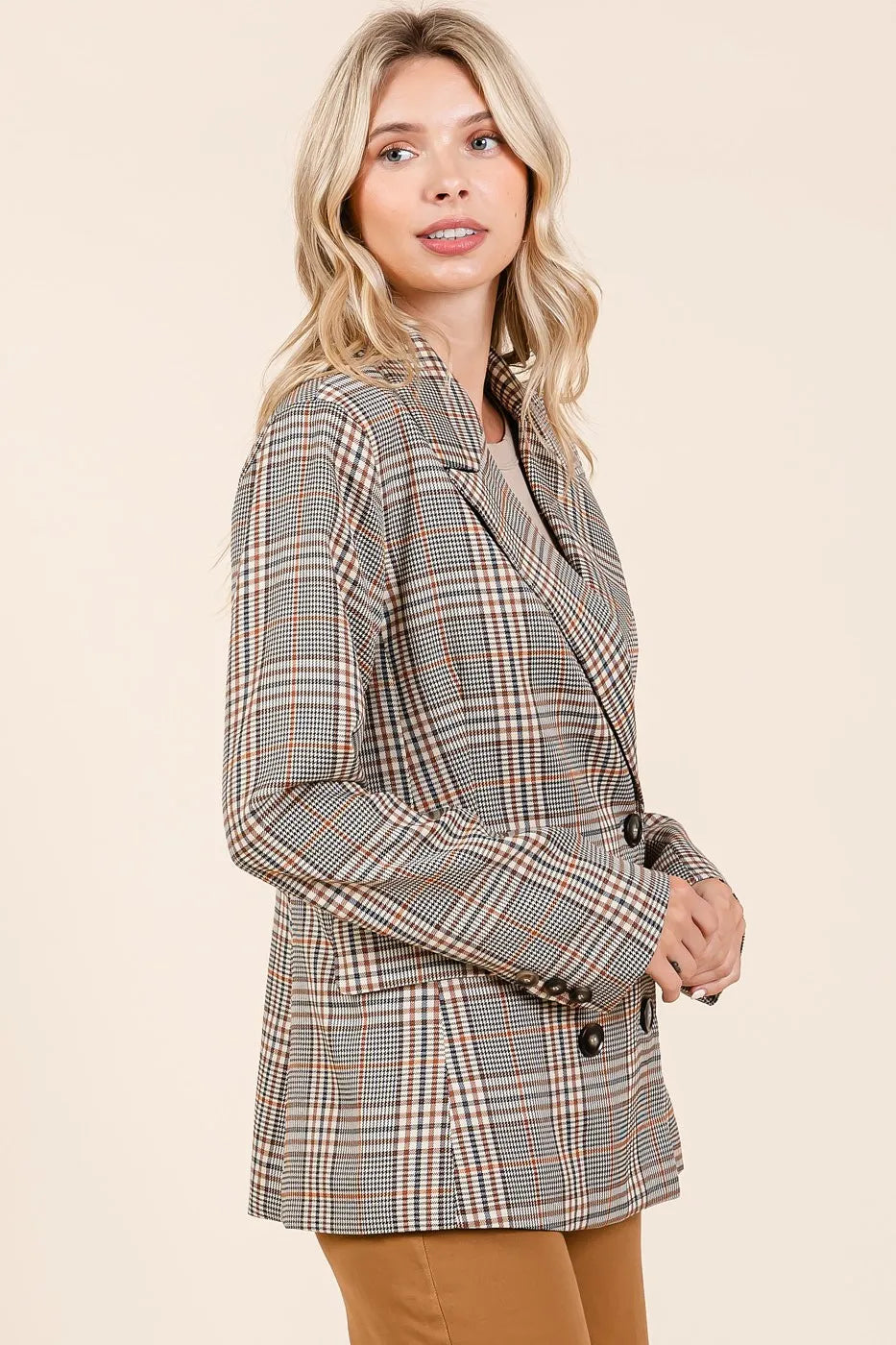 Double Take (Oh) Blazers Mittoshop Plaid Double Breasted Relaxed Fit Blazer