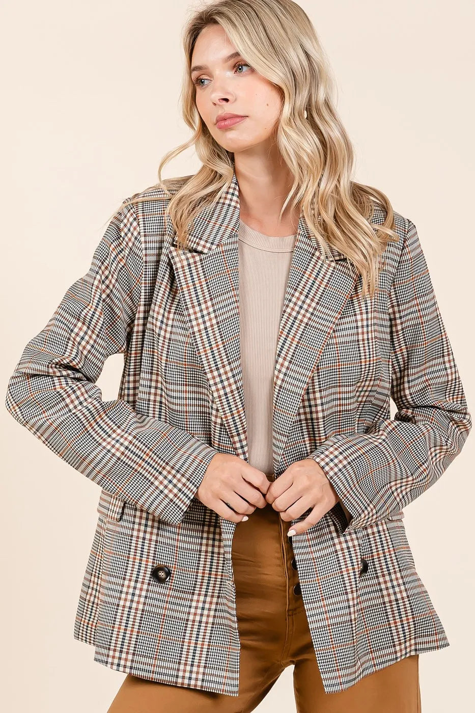 Double Take (Oh) Blazers Mittoshop Plaid Double Breasted Relaxed Fit Blazer