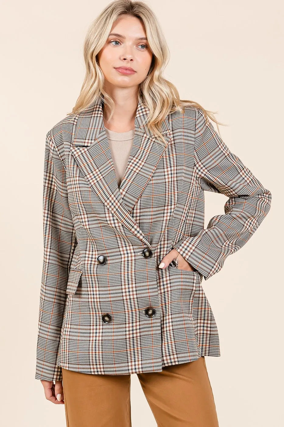 Double Take (Oh) Blazers Mittoshop Plaid Double Breasted Relaxed Fit Blazer