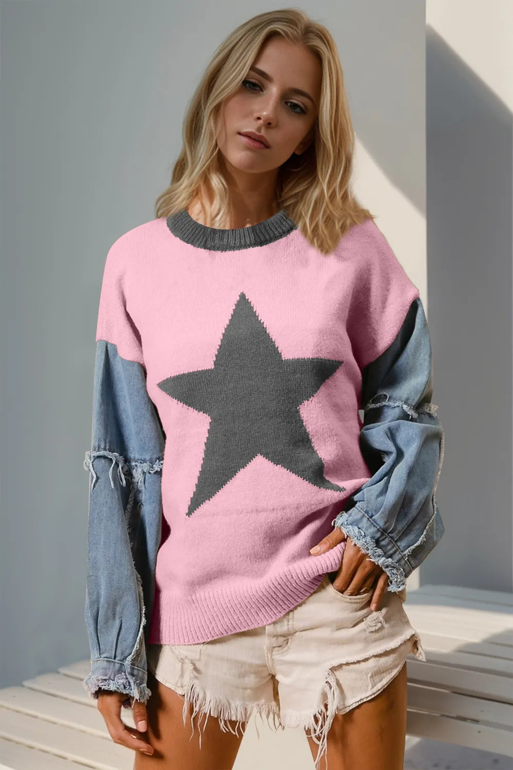Double Take (Oh) Blush Pink / S/M Double Take Full Size Star Pattern Raw Edge Long Sleeve Sweater