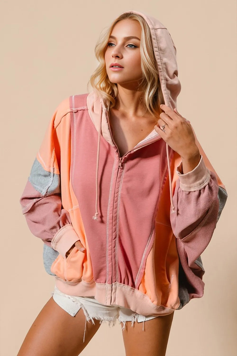 Double Take (Oh) Burnt Coral / S Double Take Full Size Color Block Zip Up Hoodie