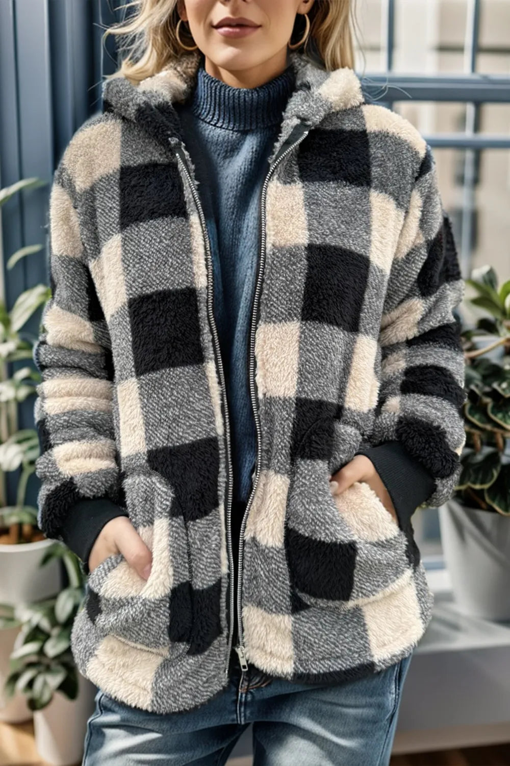 Double Take (Oh) Camel / S Double Take Full Size Plaid Long Sleeve Hooded Coat