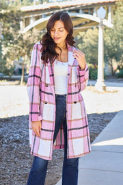 Double Take (Oh) Carnation Pink / S Double Take Full Size Plaid Button Up Lapel Collar Coat