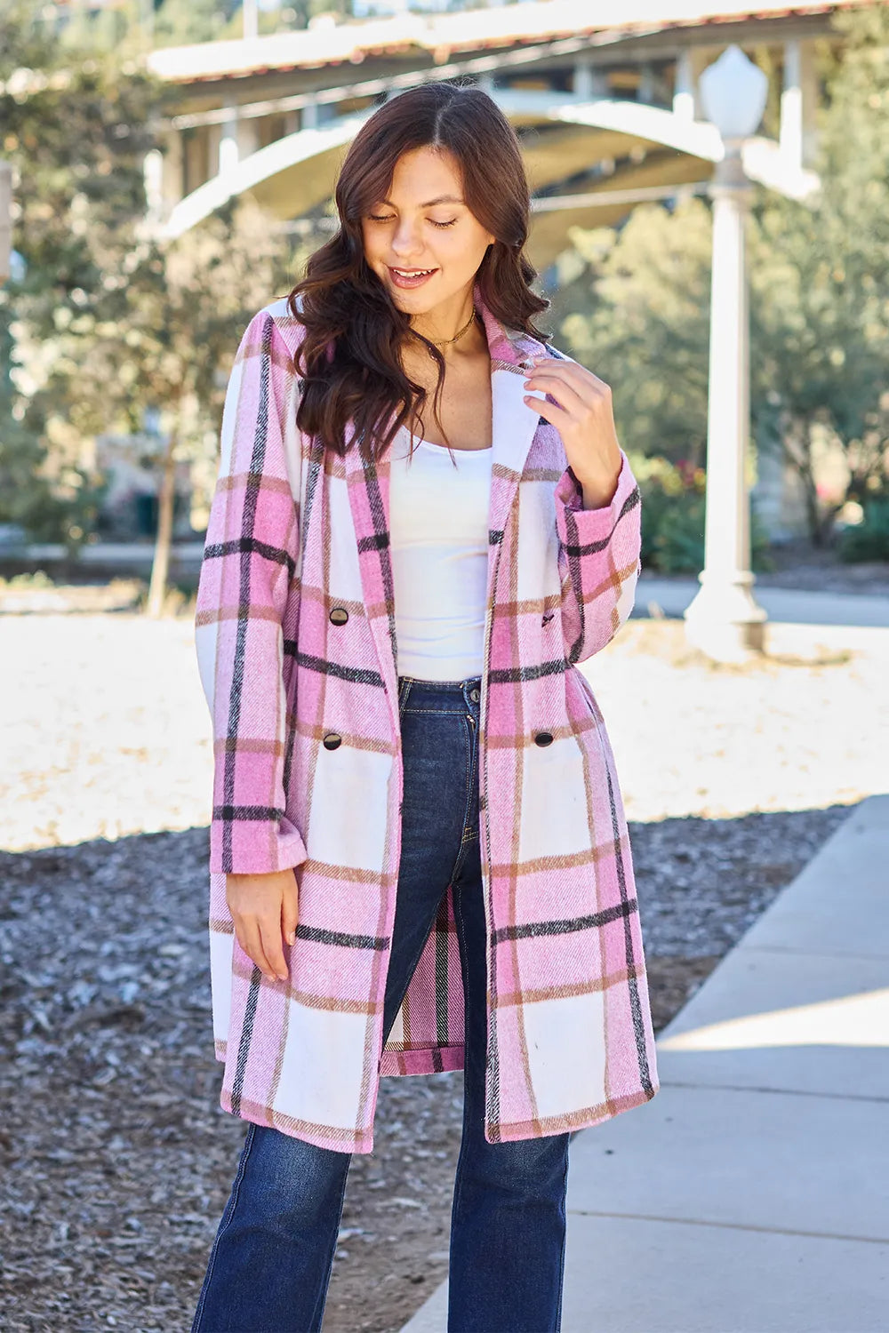 Double Take (Oh) Carnation Pink / S Double Take Full Size Plaid Button Up Lapel Collar Coat