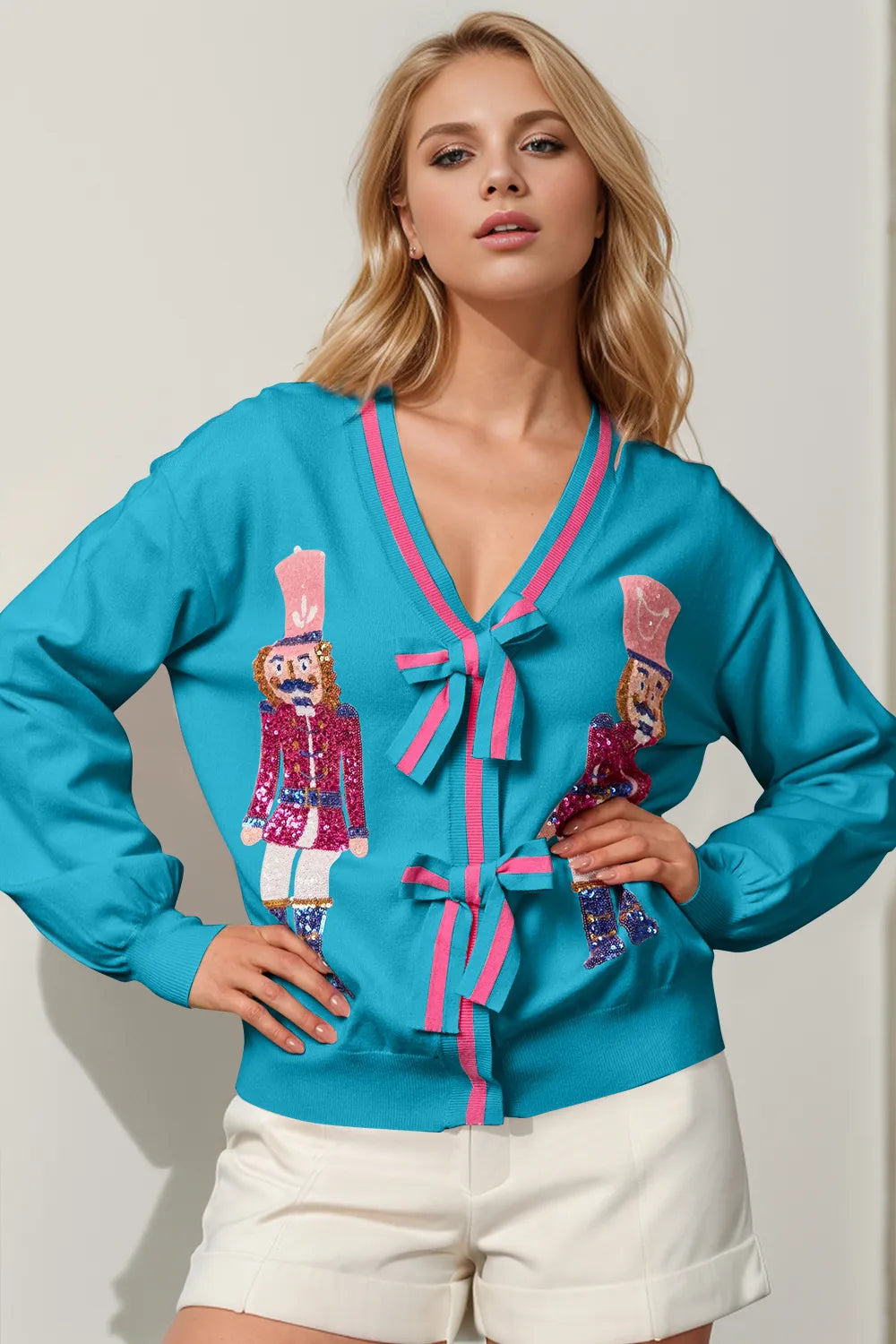 Double Take (Oh) Cerulean / S/M Double Take Full Size Nutcracker Sequin Bow Decor Cardigan