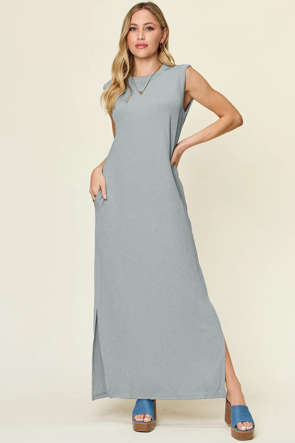 Double Take (Oh) Cloudy Blue / S Double Take Full Size Texture Mock Neck Sleeveless Maxi Dress