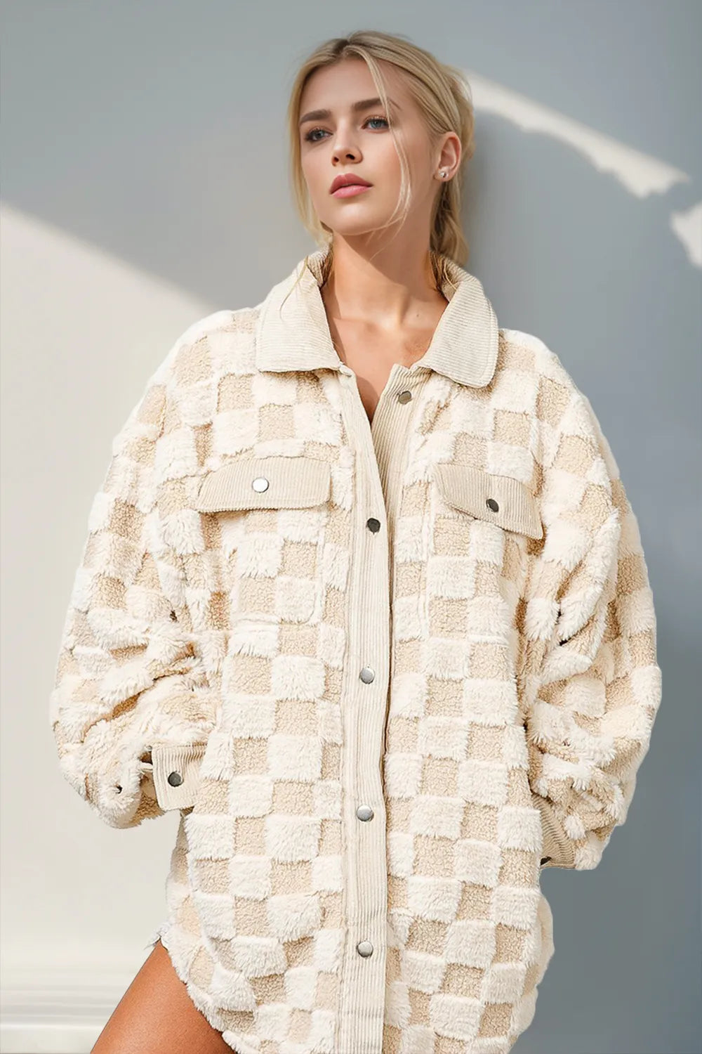 Double Take (Oh) Cream / S Double Take Button Up Fuzzy Checkered Shacket