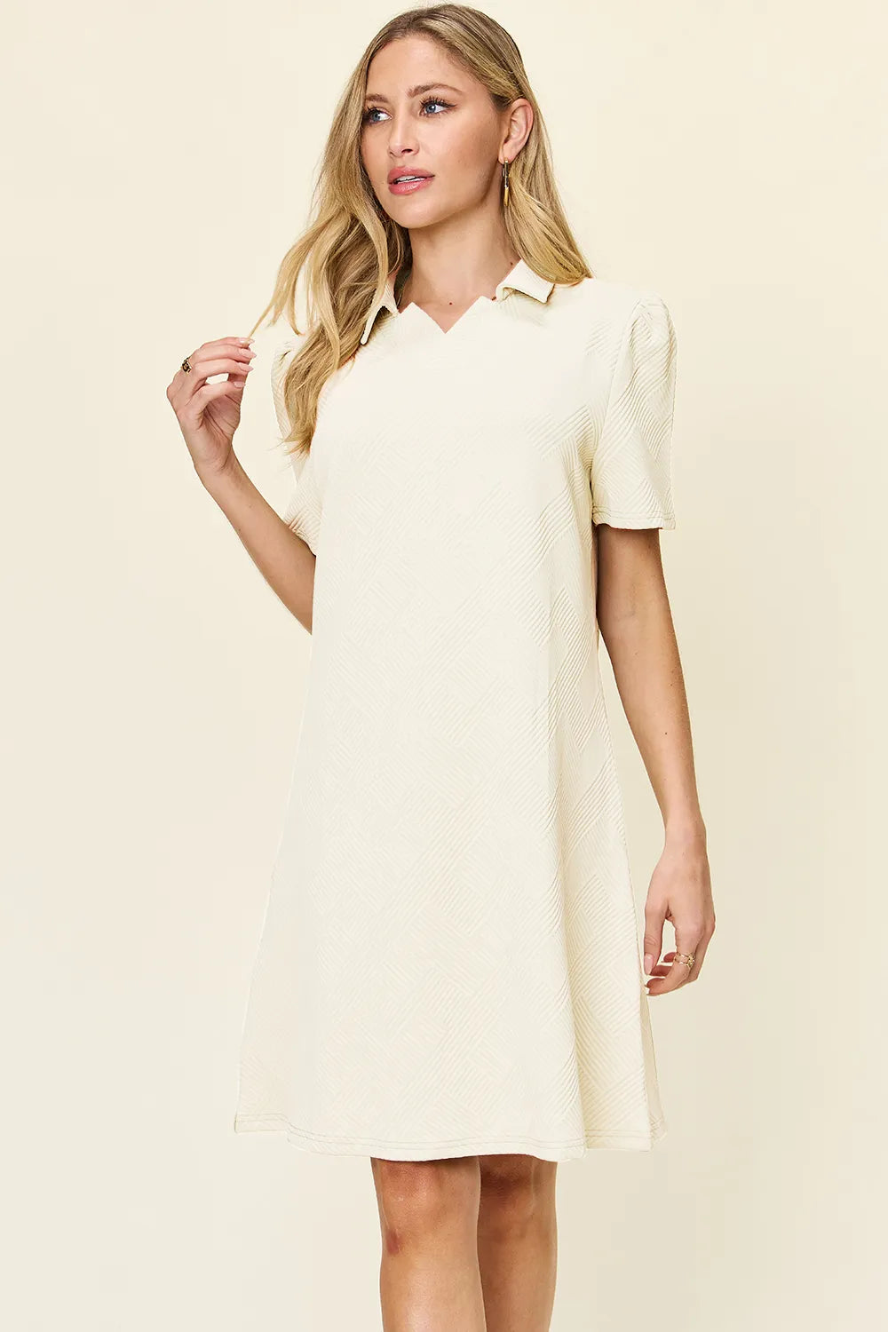 Double Take (Oh) Cream / S Textured Collared Short Sleeve Dress – Casual Full Size Fit