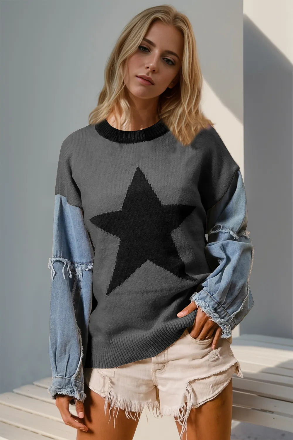 Double Take (Oh) Dark Gray / S/M Double Take Full Size Star Pattern Raw Edge Long Sleeve Sweater