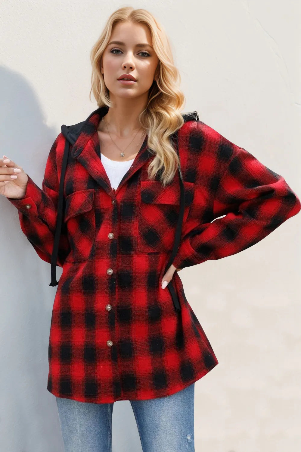 Double Take (Oh) Deep Red / S Double Take Drawstring Plaid Long Sleeve Hooded Shacket