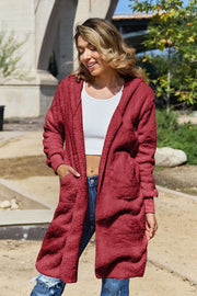 Double Take (Oh) Deep Red / S Double Take Full Size Hooded Teddy Bear Jacket with Thumbholes