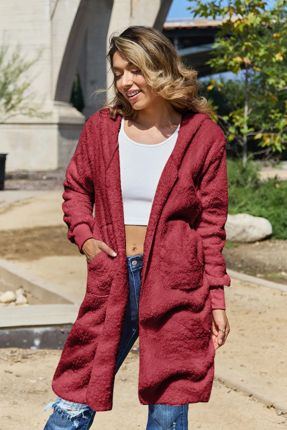 Double Take (Oh) Deep Red / S Double Take Full Size Hooded Teddy Bear Jacket with Thumbholes