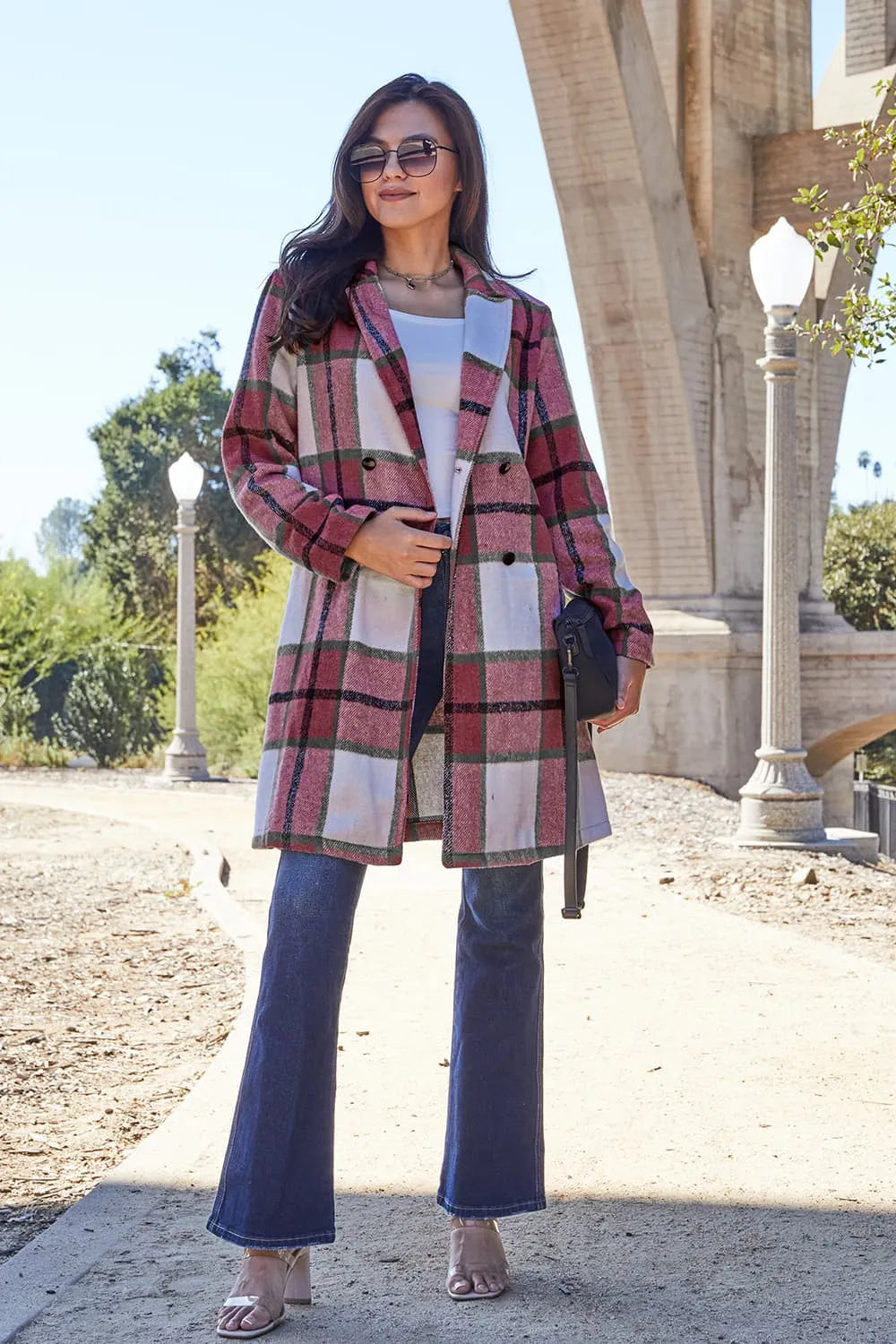 Double Take (Oh) Deep Red / S Double Take Full Size Plaid Button Up Lapel Collar Coat