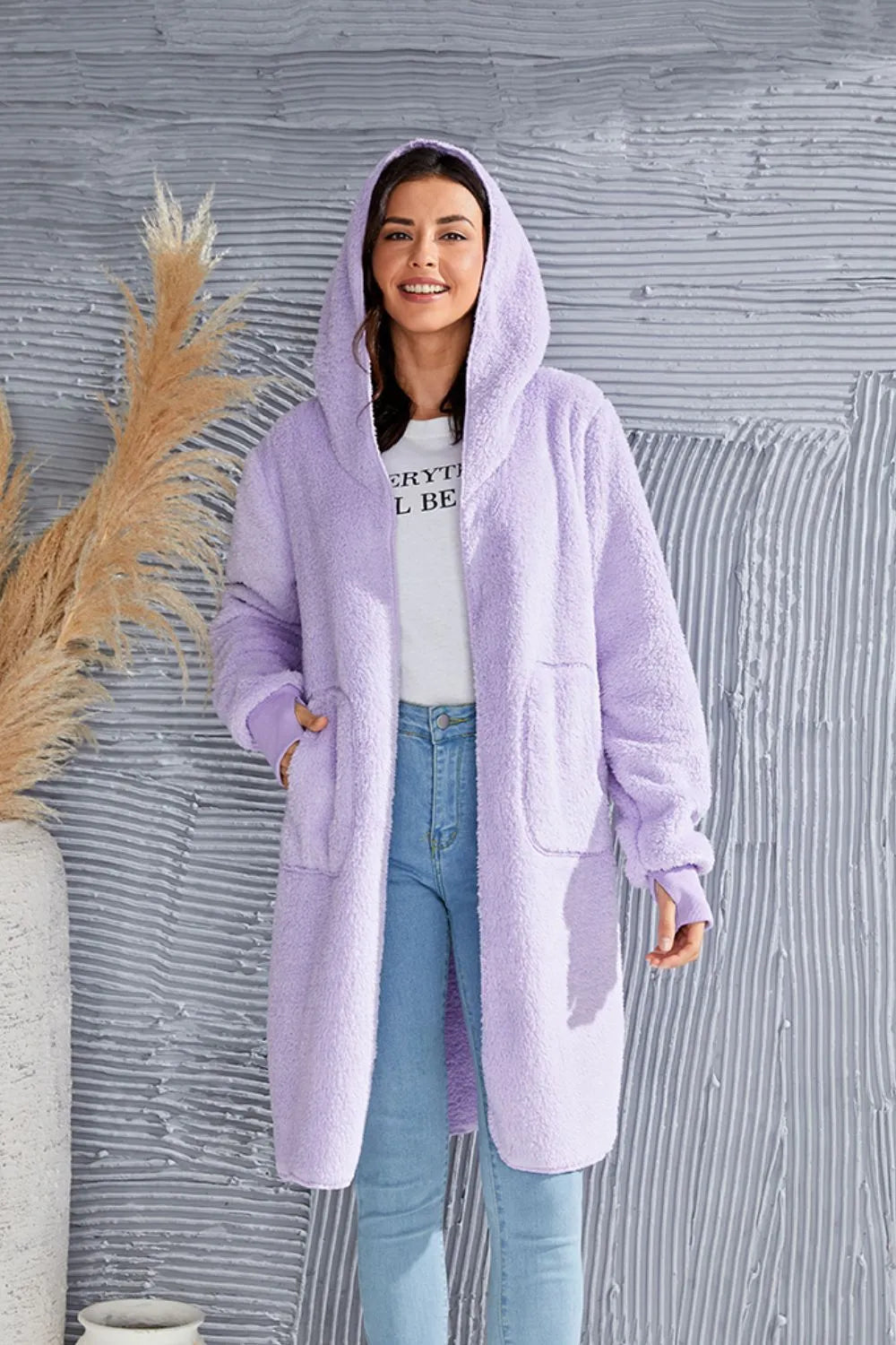 Double Take (Oh) Double Take Full Size Hooded Teddy Bear Jacket with Thumbholes