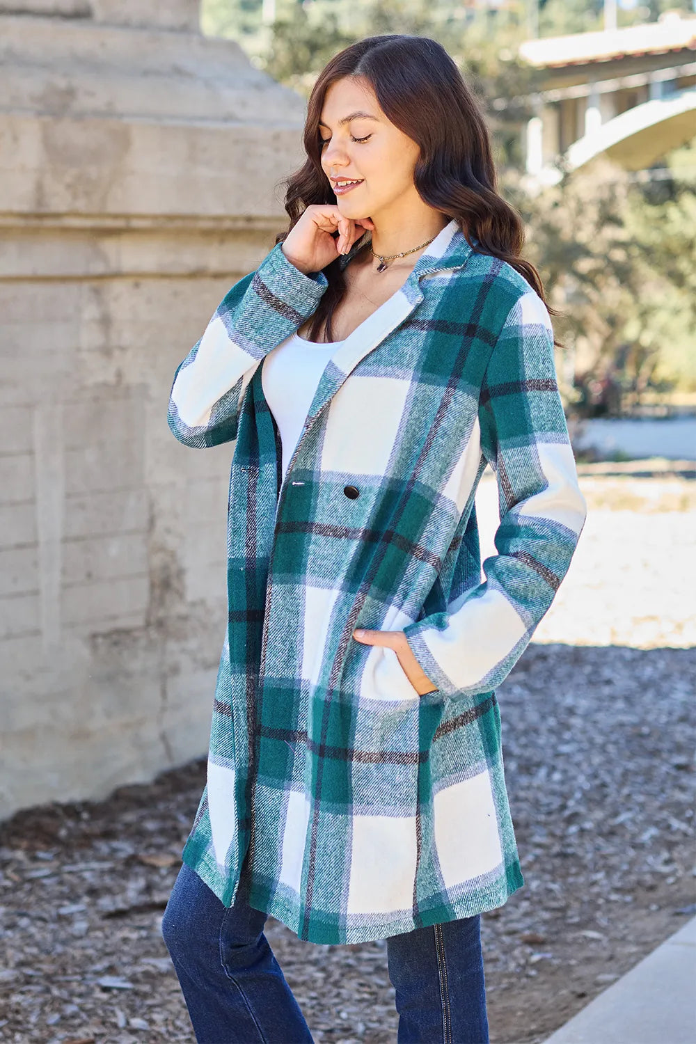 Double Take (Oh) Double Take Full Size Plaid Button Up Lapel Collar Coat