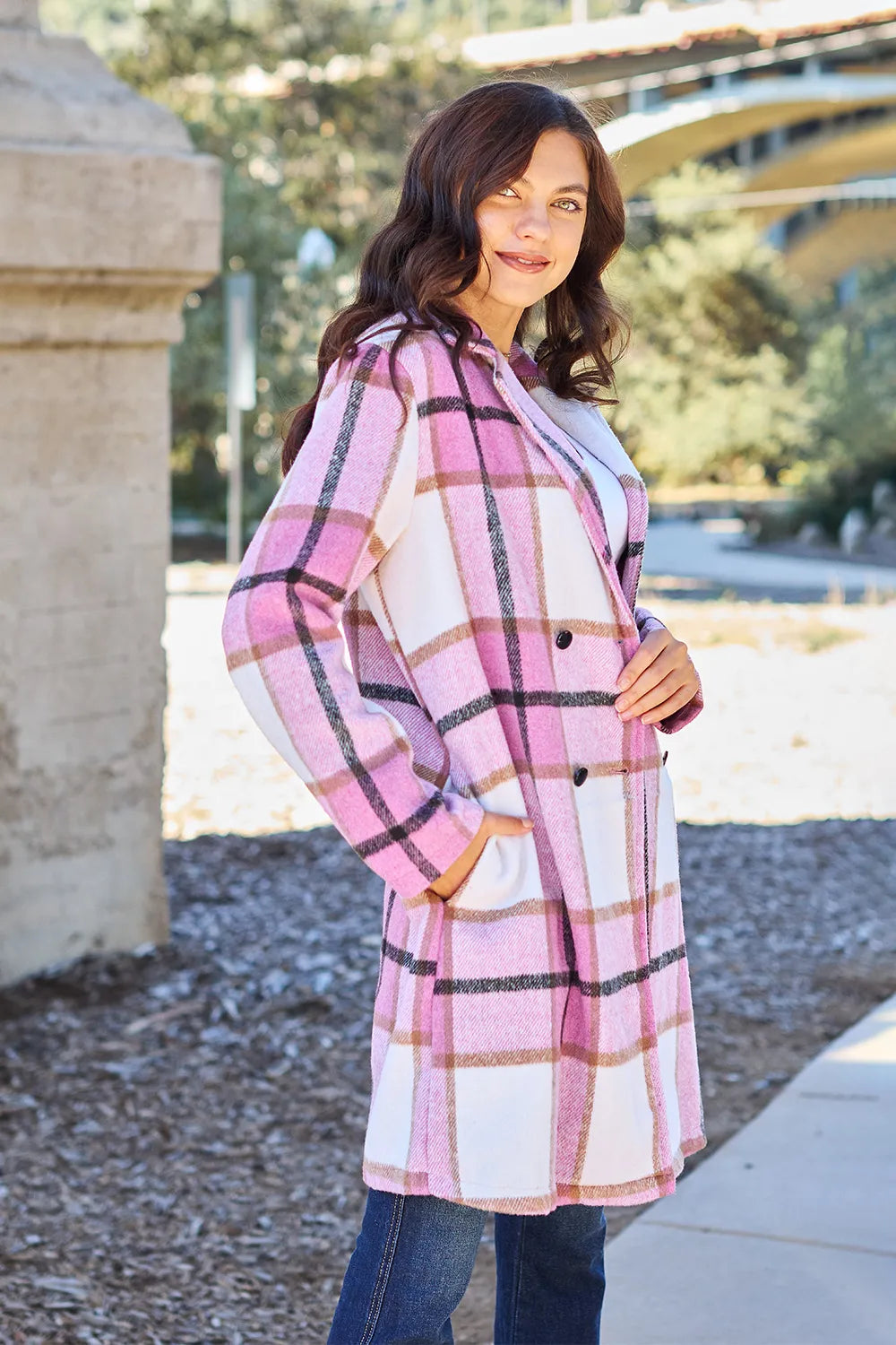 Double Take (Oh) Double Take Full Size Plaid Button Up Lapel Collar Coat
