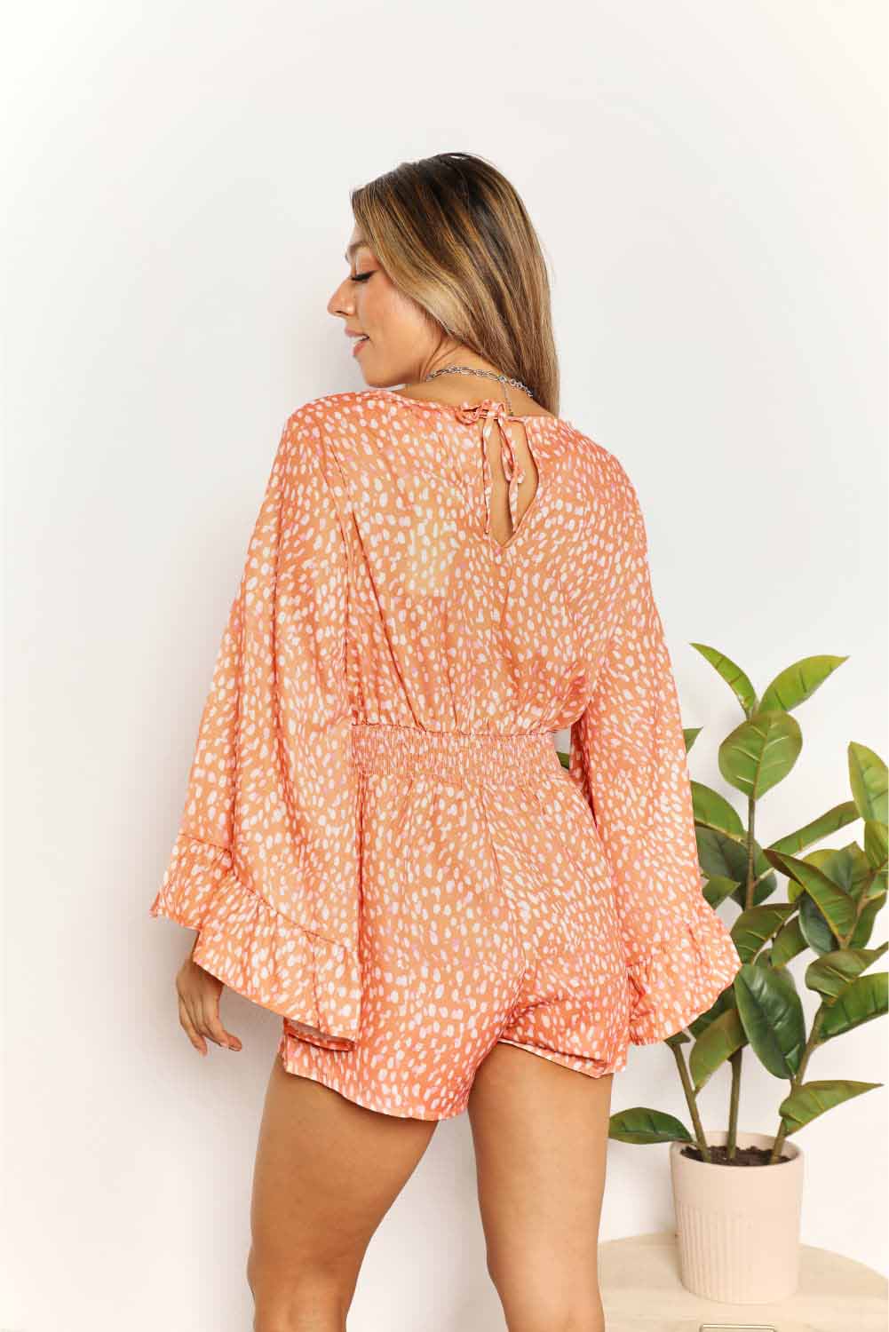 Double Take (Oh) Double Take Printed Flare Sleeve Surplice Romper