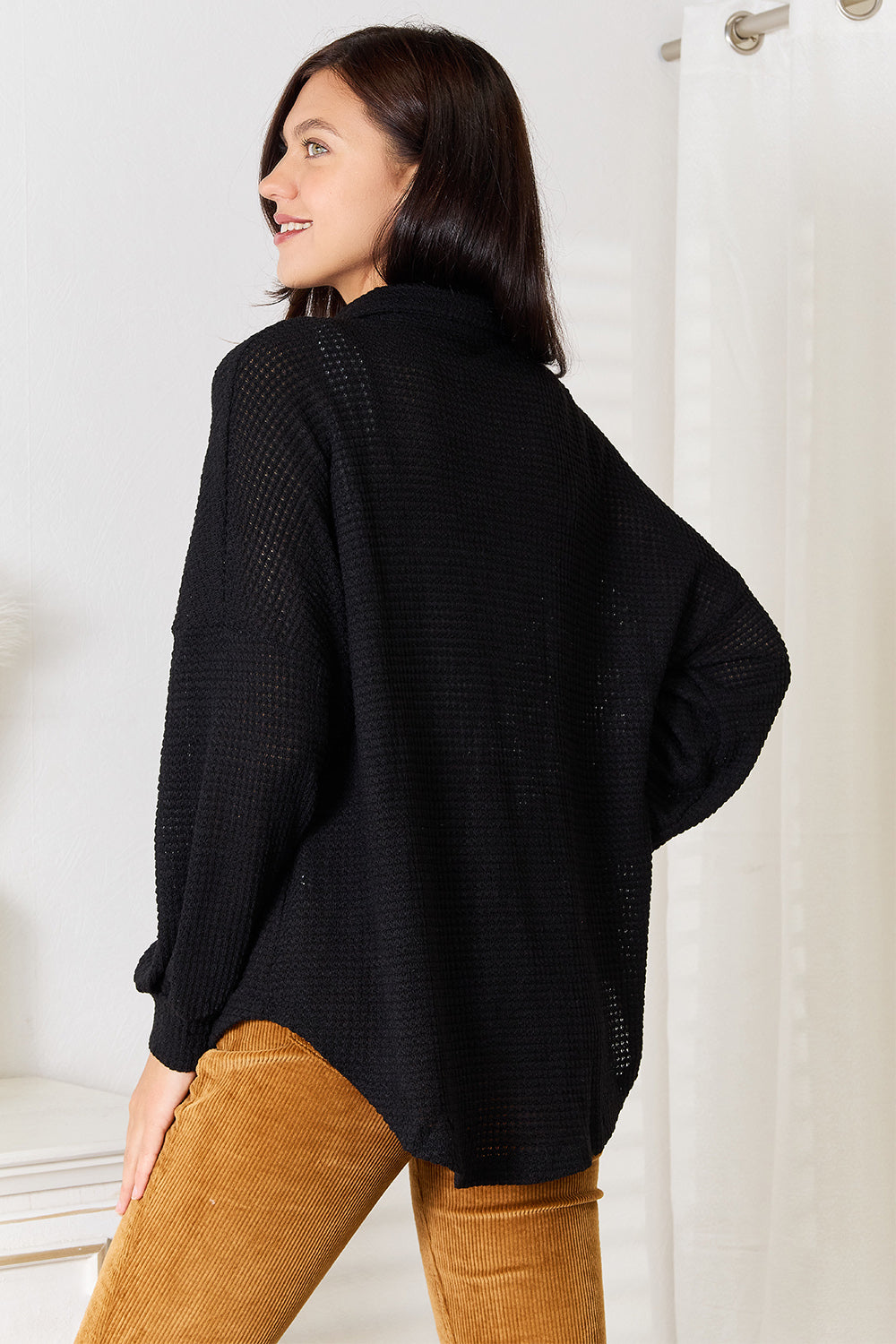Double Take (Oh) Double Take Waffle-Knit Collared Neck Dropped Shoulder Shirt