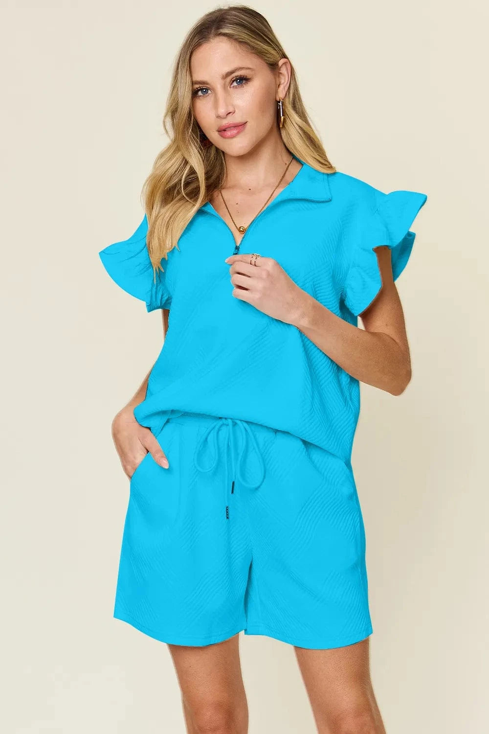 Double Take (Oh) Dresses Aqua / S Double Take Full Size Texture Flounce Sleeve Top and Drawstring Shorts Set