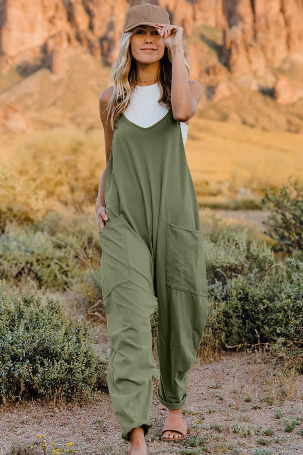 Double Take (Oh) Dresses Army Green / S Double Take Full Size V-Neck Sleeveless Jumpsuit with Pockets