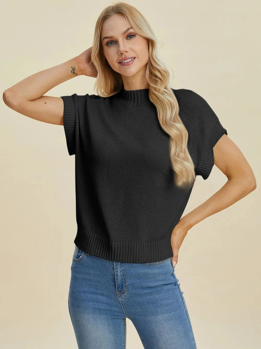 Double Take (Oh) Dresses Black / S Double Take Full Size Mock Neck Short Sleeve Sweater