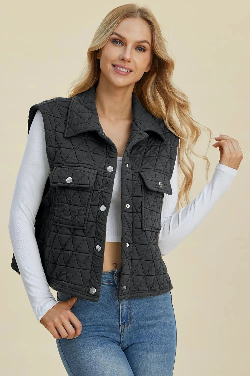 Double Take (Oh) Dresses Black / S Double Take Full Size Pocketed Texture Snap Down Vest Coat
