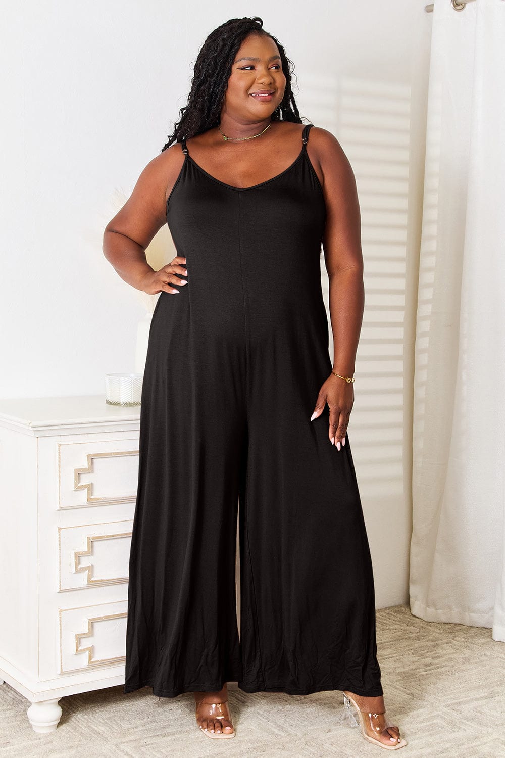 Double Take (Oh) Dresses Black / S Double Take Full Size Soft Rayon Spaghetti Strap Tied Wide Leg Jumpsuit