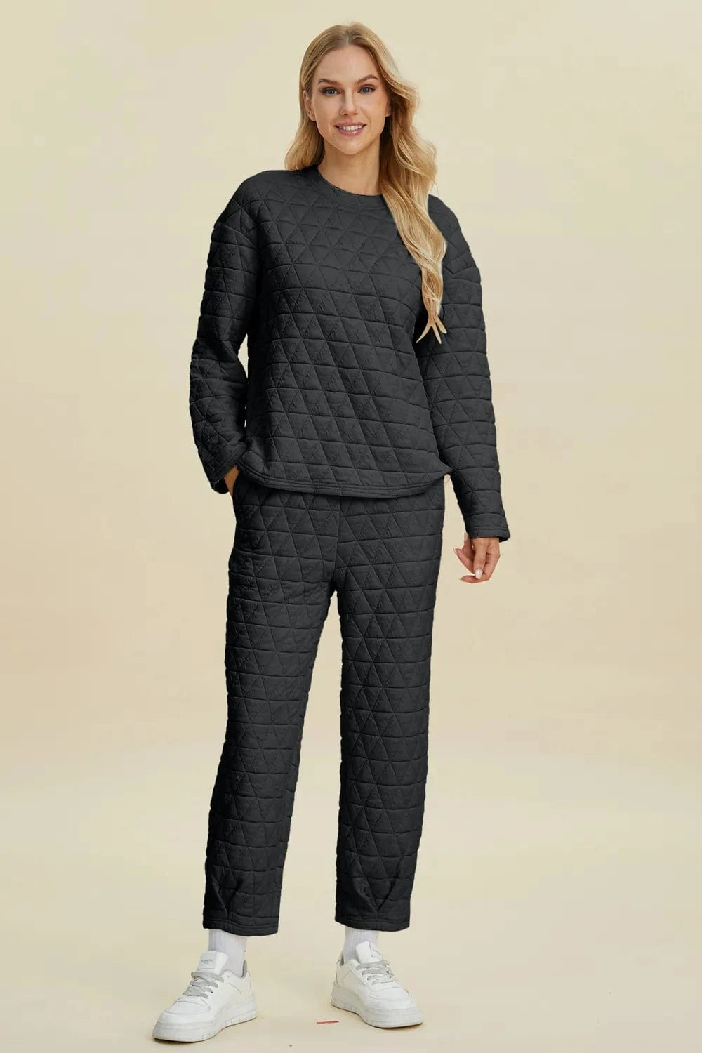 Double Take (Oh) Dresses Black / S Double Take Full Size Texture Round Neck Long Sleeve Top and Pants Set