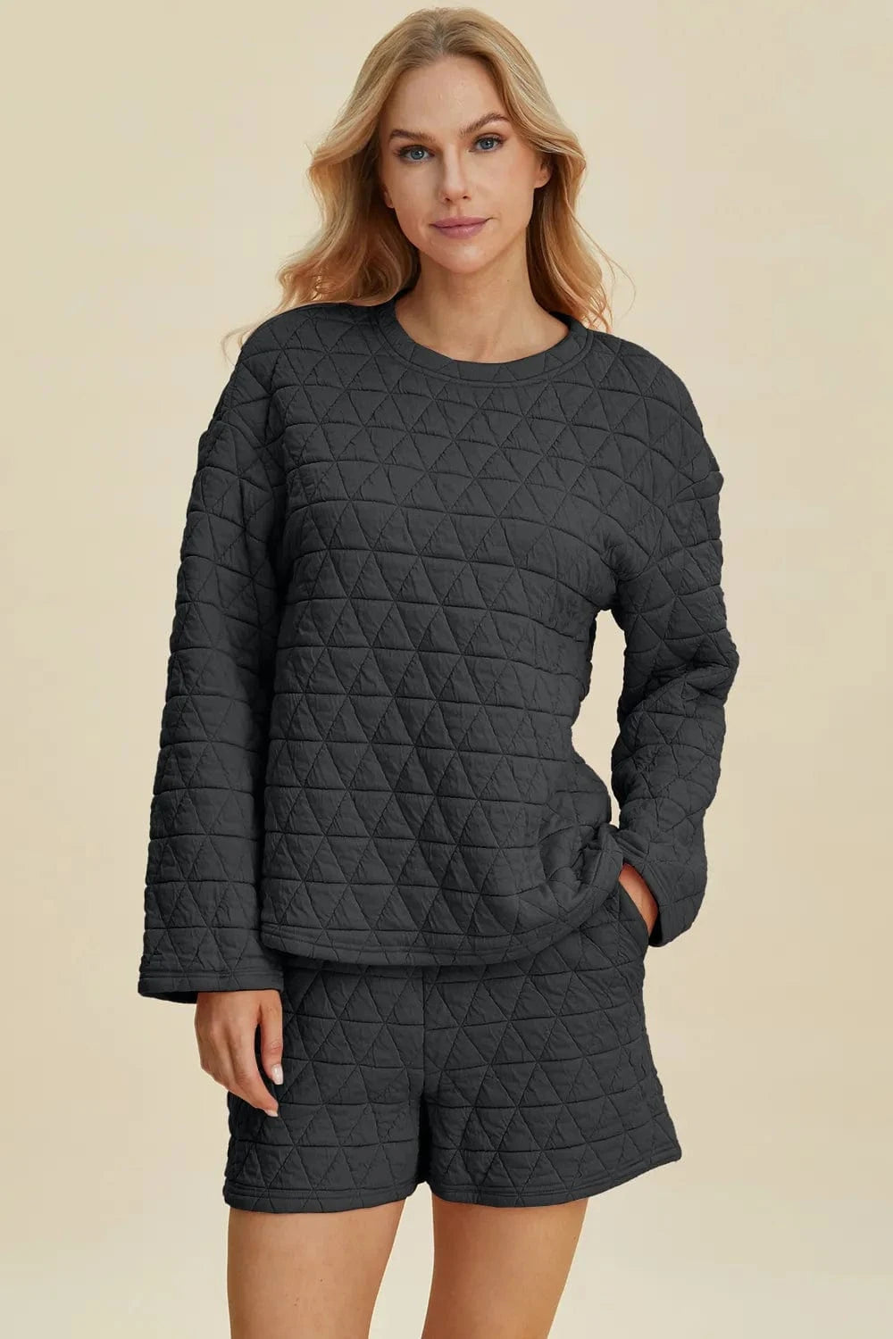 Double Take (Oh) Dresses Black / S Double Take Full Size Texture Round Neck Long Sleeve Top and Shorts Set