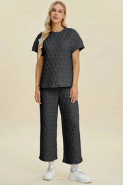 Double Take (Oh) Dresses Black / S Double Take Full Size Texture Round Neck Short Sleeve Top and Pants Set