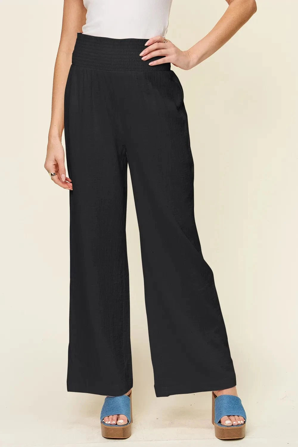 Double Take (Oh) Dresses Black / S Double Take Full Size Texture Smocked Waist Wide Leg Pants