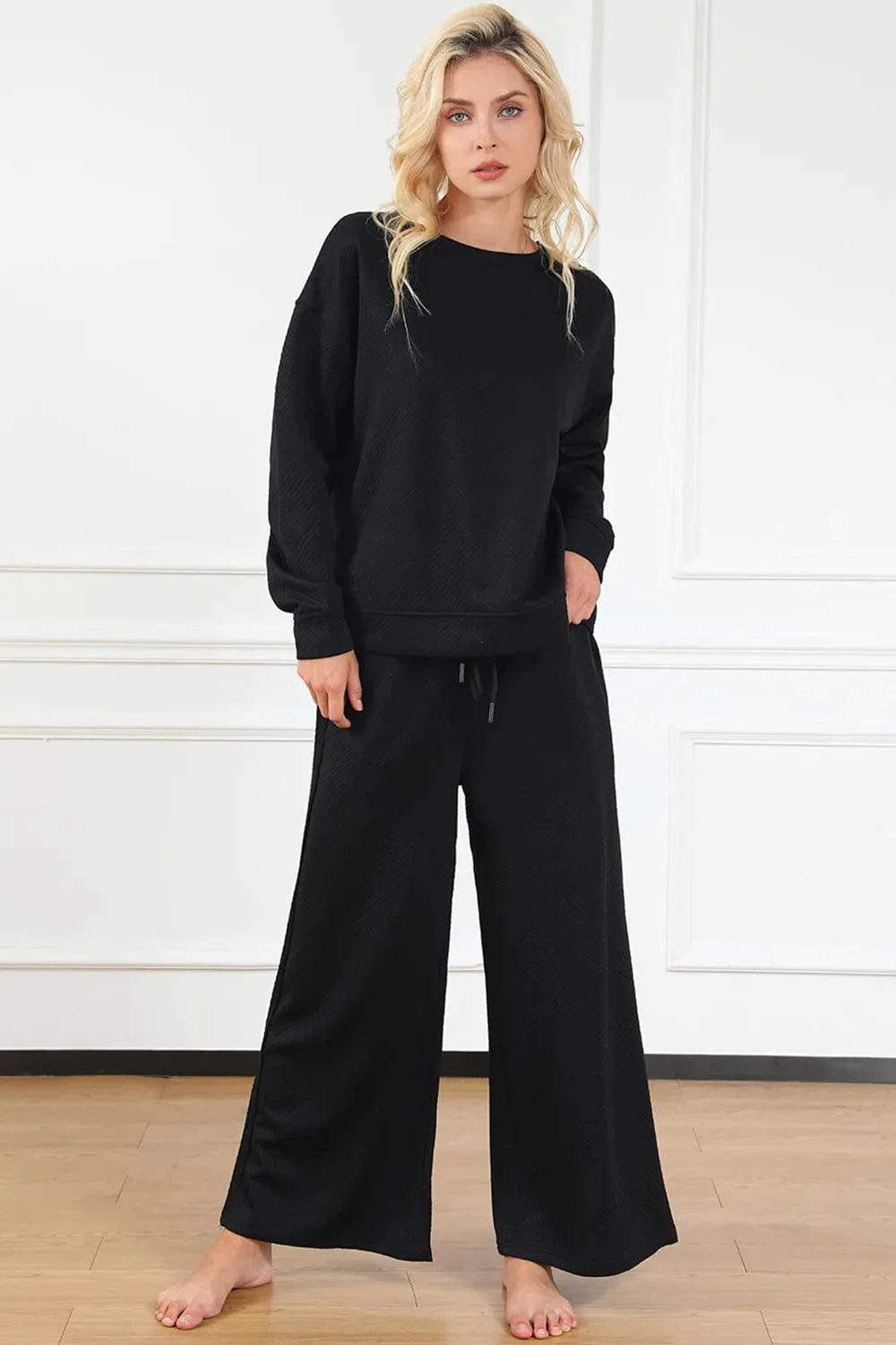 Double Take (Oh) Dresses Black / S Double Take Full Size Textured Long Sleeve Top and Drawstring Pants Set