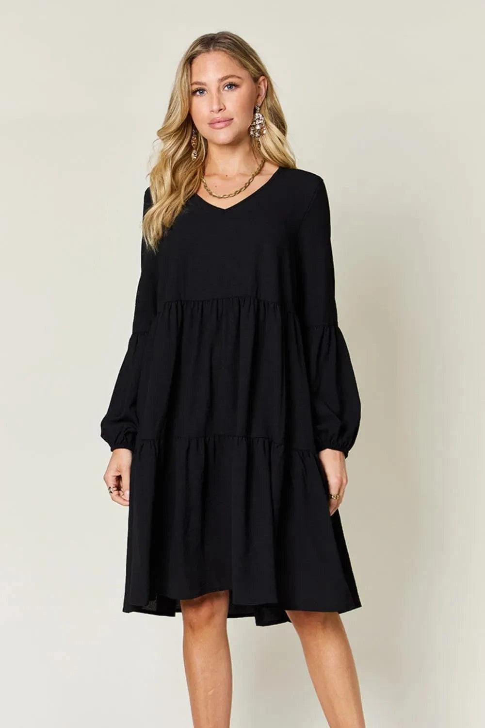Double Take (Oh) Dresses Black / S Double Take Full Size V-Neck Balloon Sleeve Tiered Dress with Pockets
