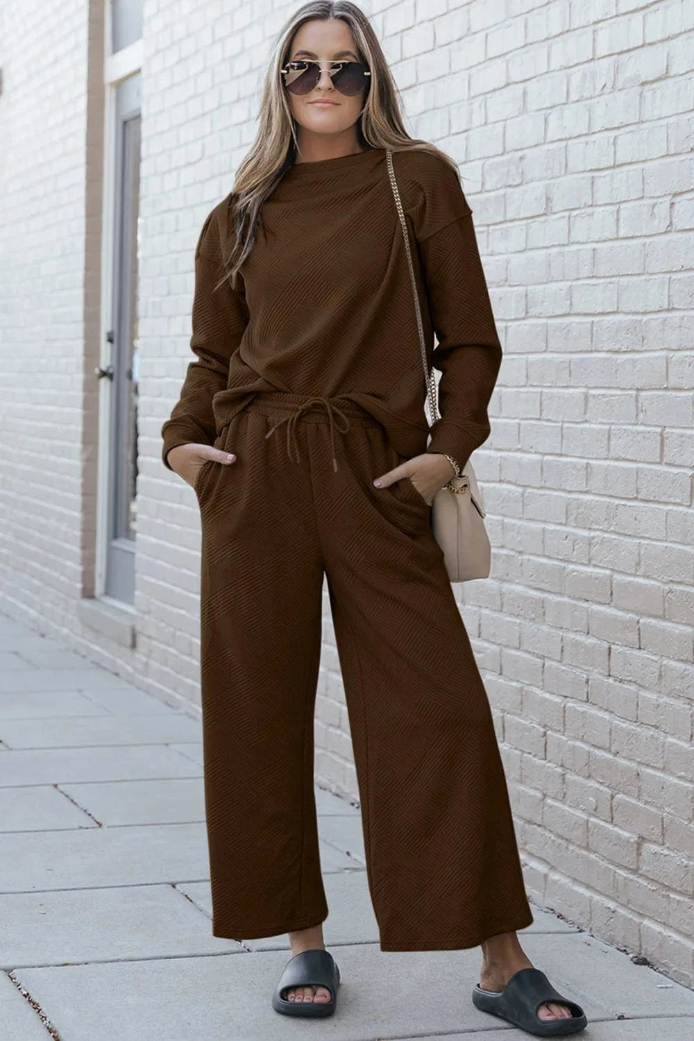 Double Take (Oh) Dresses Brown / S Double Take Full Size Textured Long Sleeve Top and Drawstring Pants Set