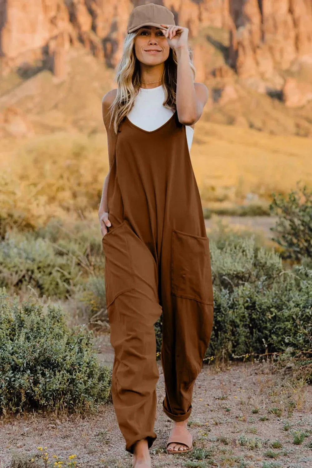 Double Take (Oh) Dresses Brown / S Double Take Full Size V-Neck Sleeveless Jumpsuit with Pockets