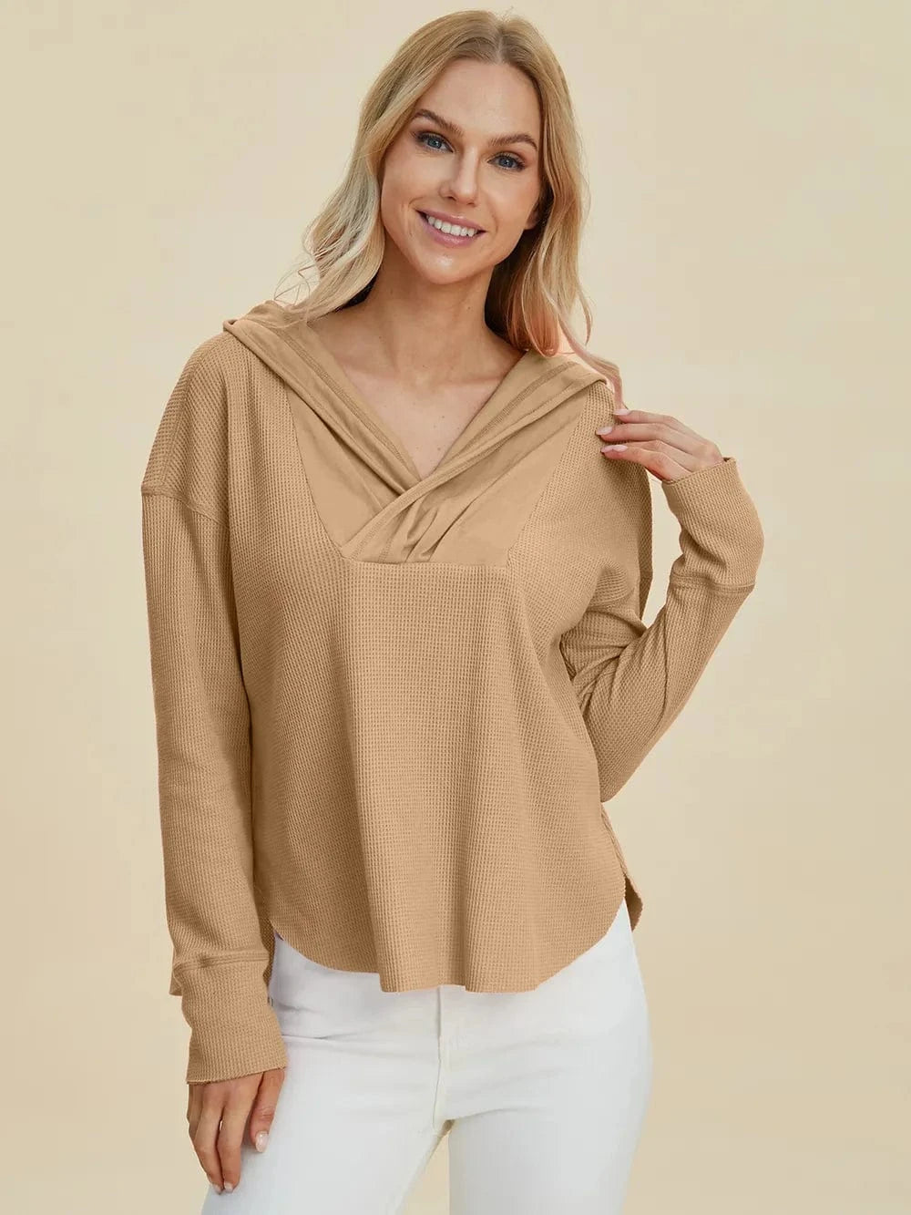 Double Take (Oh) Dresses Camel / S Double Take Full Size High-Low Dropped Shoulder Long Sleeve Hoodie
