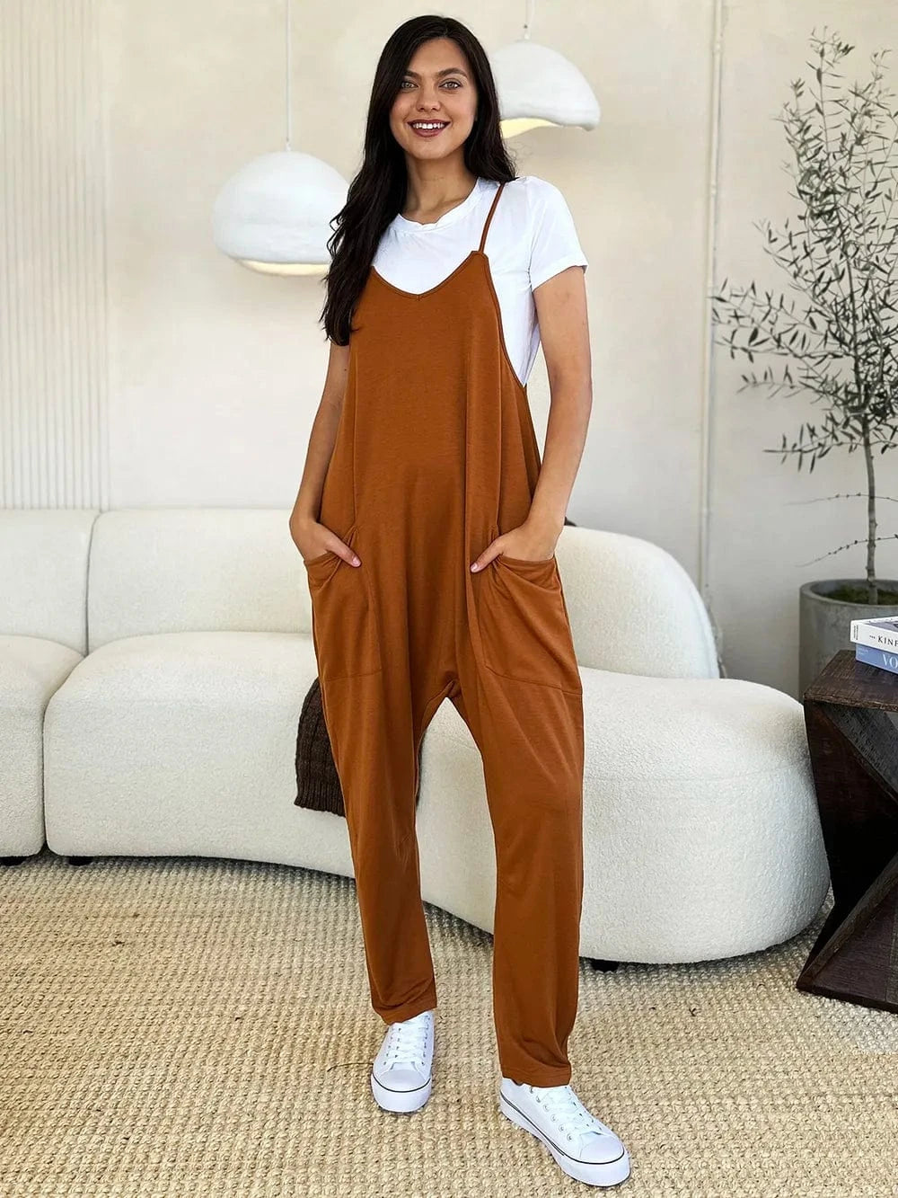Double Take (Oh) Dresses Caramel / S Double Take Full Size Sleeveless V-Neck Pocketed Jumpsuit
