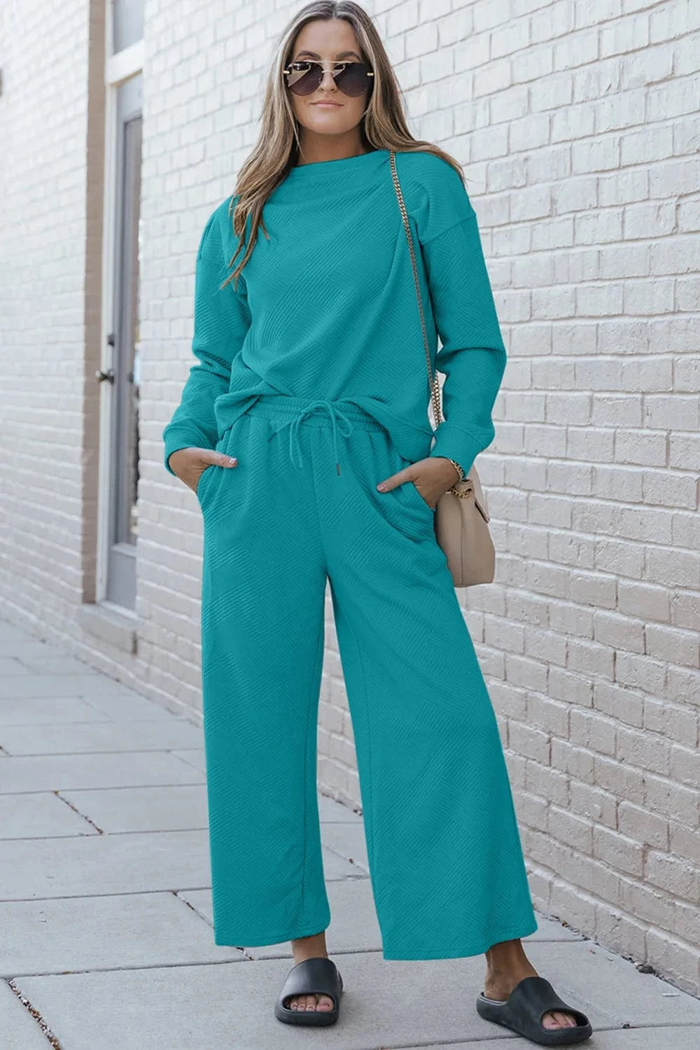 Double Take (Oh) Dresses Cerulean / S Double Take Full Size Textured Long Sleeve Top and Drawstring Pants Set