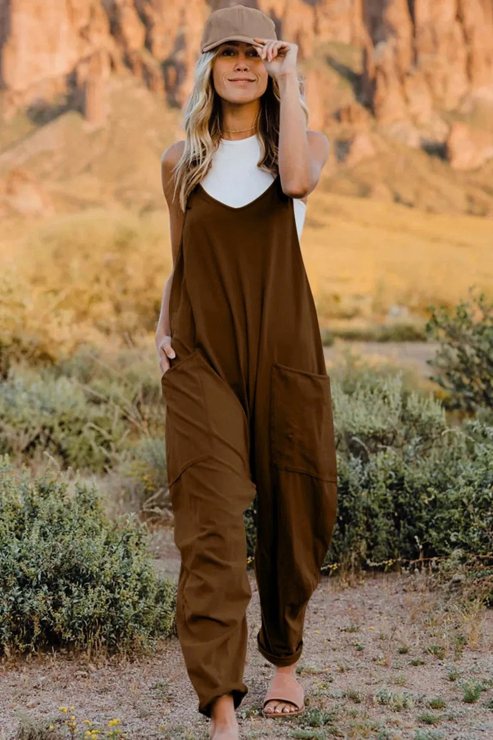 Double Take (Oh) Dresses Coffee Brown / S Double Take Full Size V-Neck Sleeveless Jumpsuit with Pockets