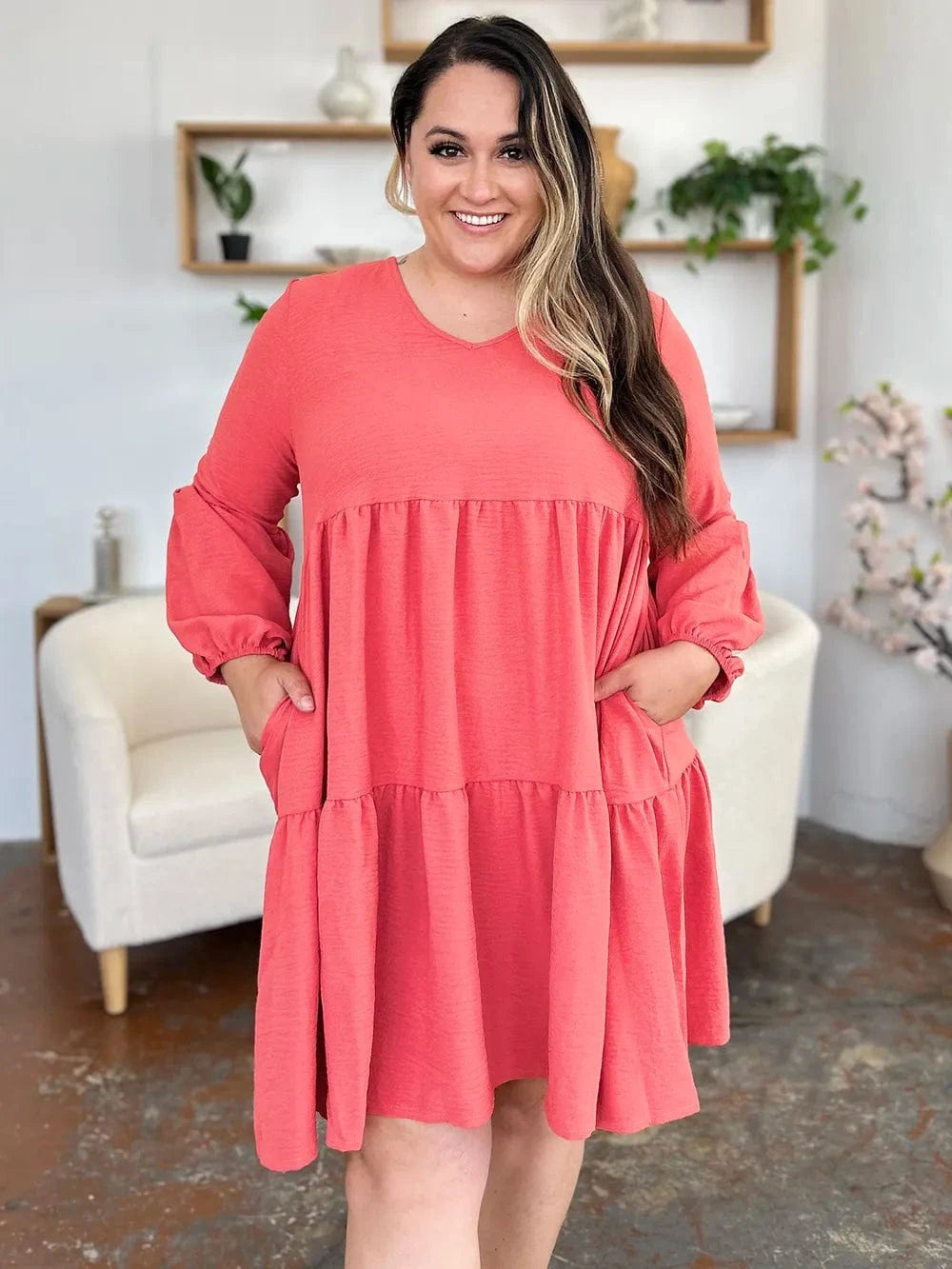 Double Take (Oh) Dresses Coral / S Double Take Full Size V-Neck Balloon Sleeve Tiered Dress with Pockets